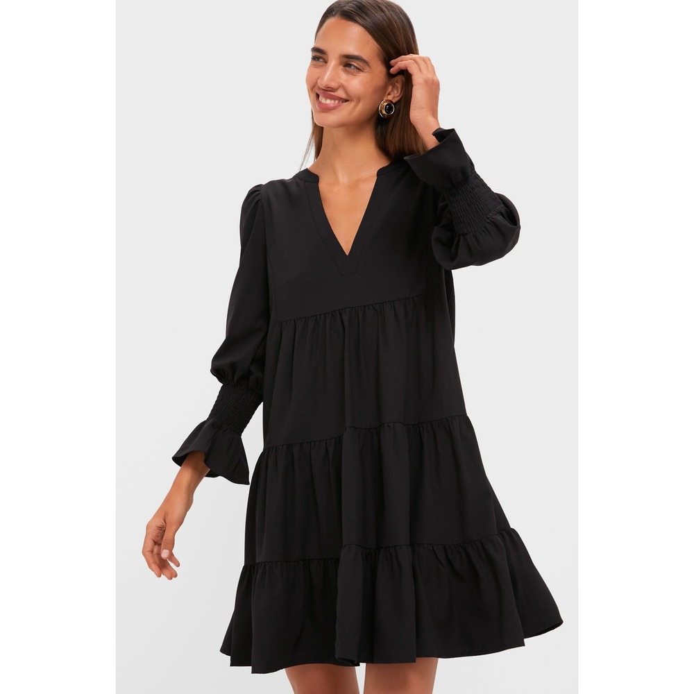 Pomander Place Black Crepe Kenzo Smocked Cuff Babydoll Mini‎ Dress Size S